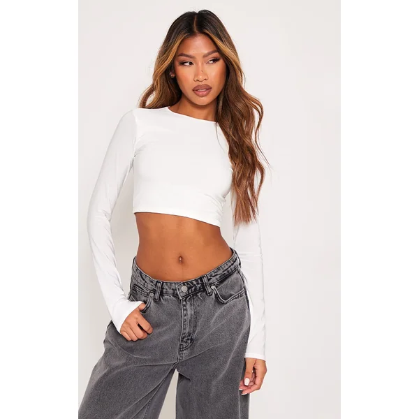 White Basic Slinky Long Sleeve Crop Top