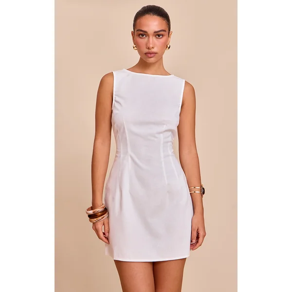 White Boat Neck Linen Shift Dress