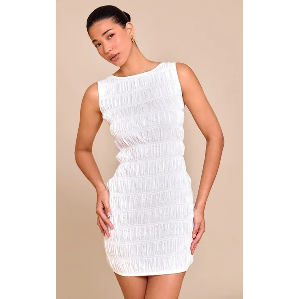 White Boat Neck Shirred Bodycon Dress