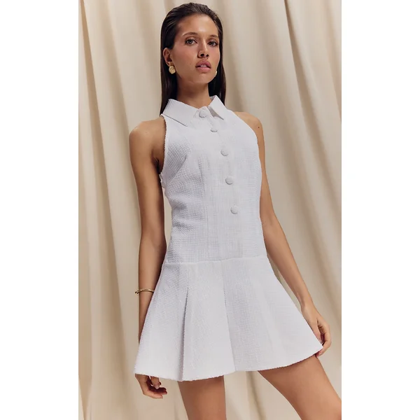 White Boucle Pleated Skater Dress