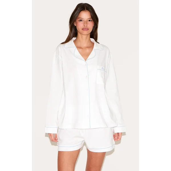 White Bride Embroidered Jersey Piping Short Pj Set