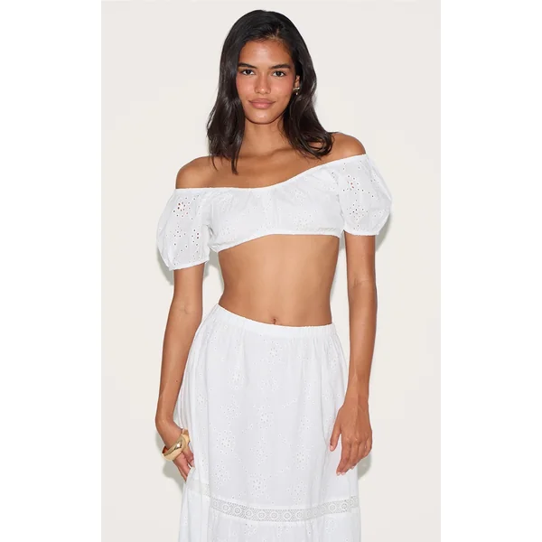 White Broderie Bardot Crop Top