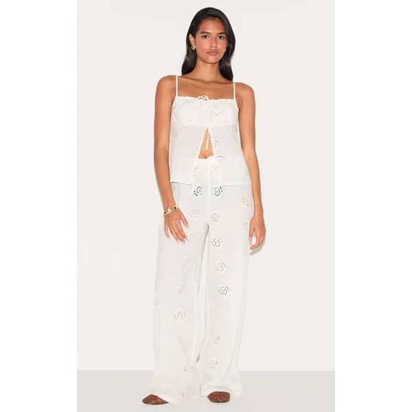 White Broderie Swirl Detail Straight Leg Pants