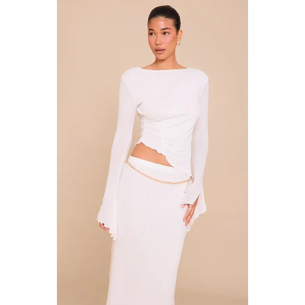 White Burnout Mesh Ruched Front Flared Sleeve Long Top