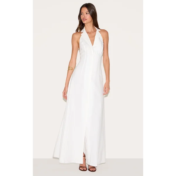 White Button Down Collar Detail Maxi Dress