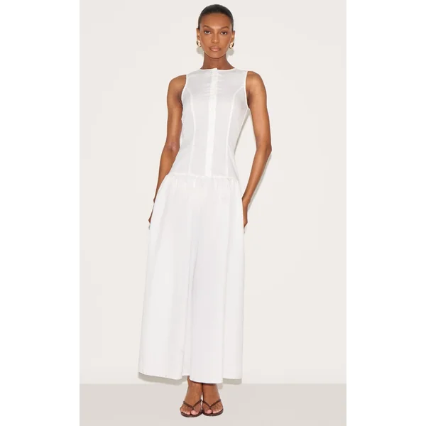 White Button Down Drop Waist Maxi Dress