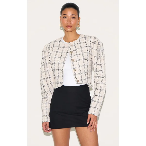 White Button Up Tweed Ruched Sleeve Jacket