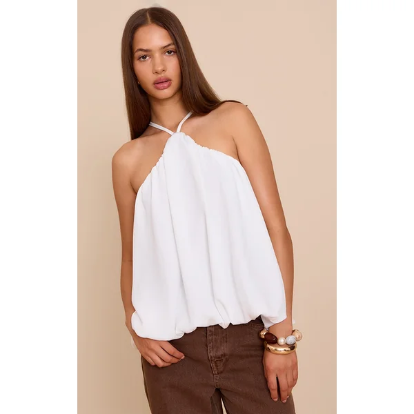 White Chiffon Halter Neck Puff Ball Top