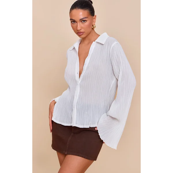 White Chiffon Plisse Sheer Shirt