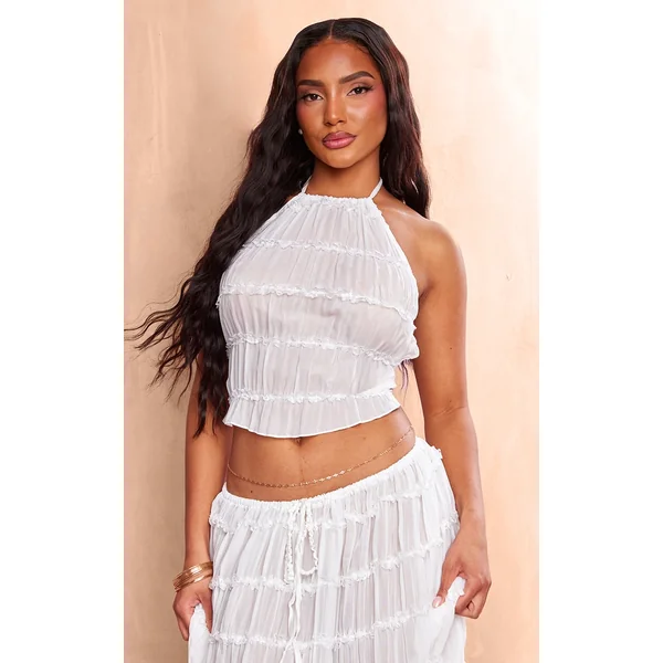 White Chiffon Ruched Frill Detail Halterneck Top