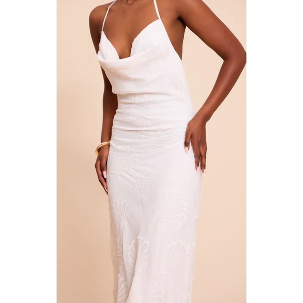 White Chiffon Shell Embroidered Cowl Maxi Dress
