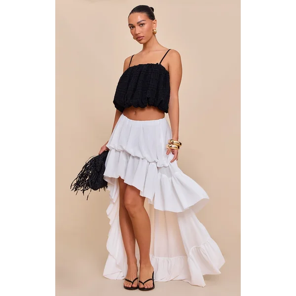 White Chiffon Tiered Puffball Waterfall Style Maxi Skirt