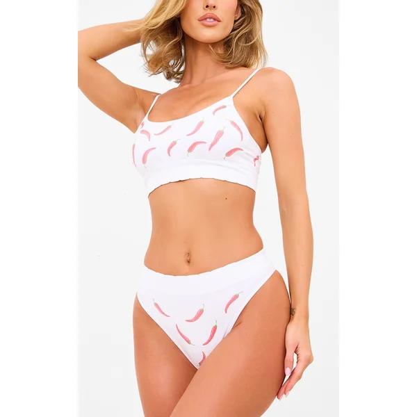 White Chilli Print Ribbed Scoop Neck Bralette