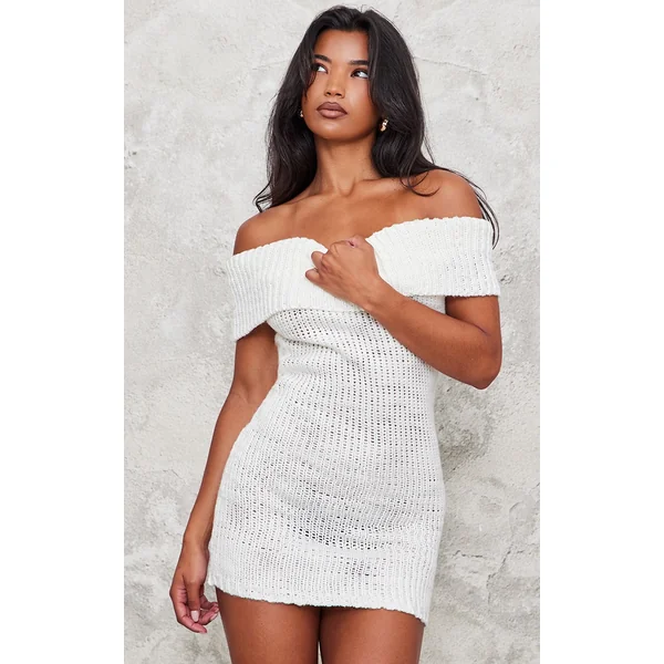 White Chunky Knit Foldover Bandeau Mini Dress