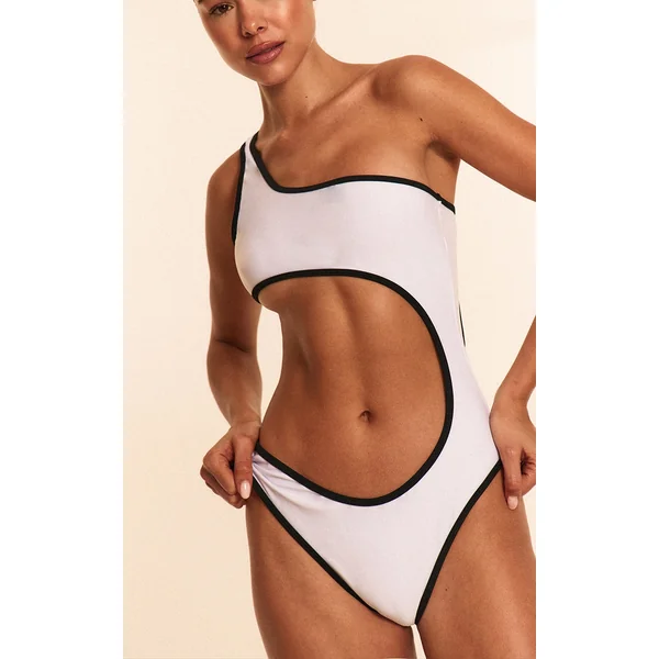 White Contrast Binding One Shoulder Cut Out Swimsuit