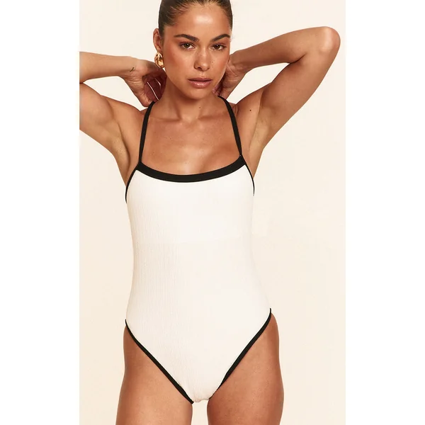 White Contrast Binding Textured Swimsuit
