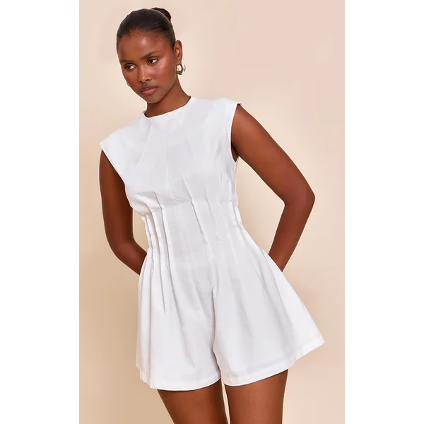 White Cotton Cinched Waist Boat Neck Romper