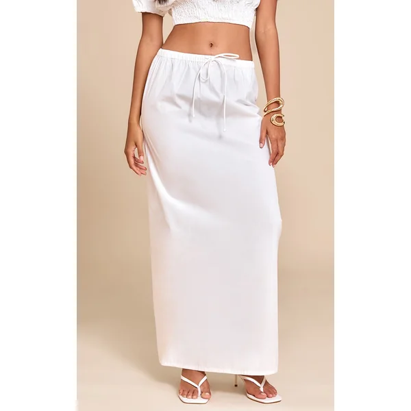 White Cotton Drawstring Tie Maxi Skirt