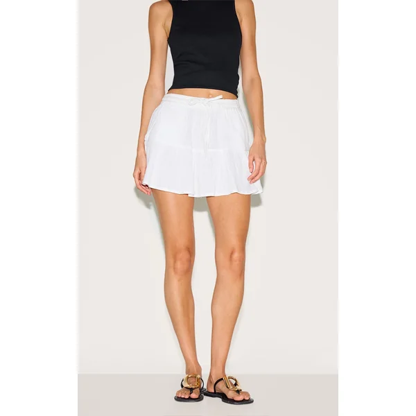 White Cotton Drawstring Tiered Mini Skirt