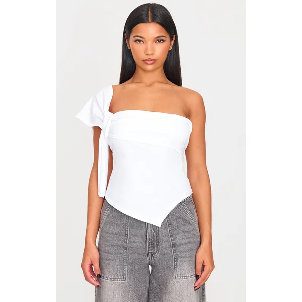 White Cotton Knot Detail Asymmetric Shoulder Long Top