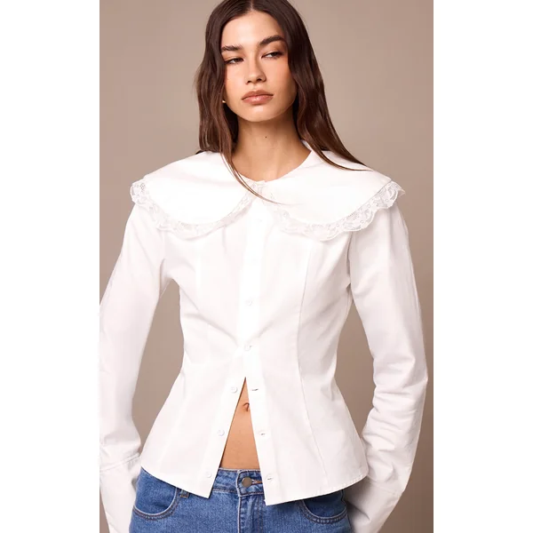White Cotton Lace Trim Long Sleeve Shirt