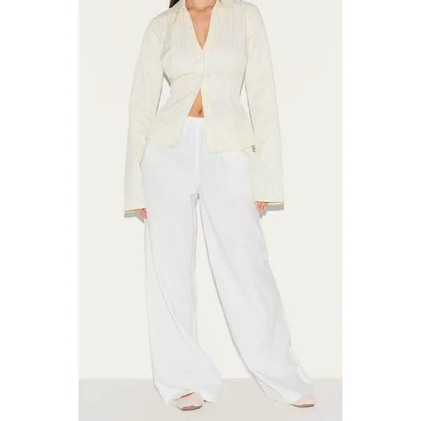White Cotton Linen Blend Elasticated Waist Straight Leg Pants