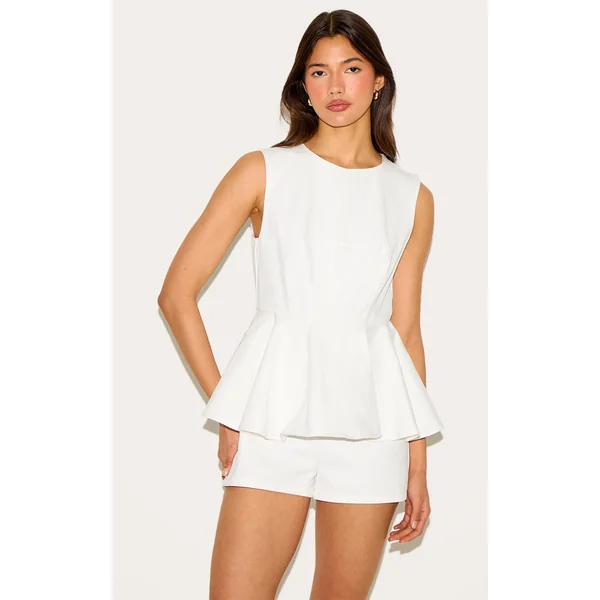 White Cotton Peplum Skort Romper