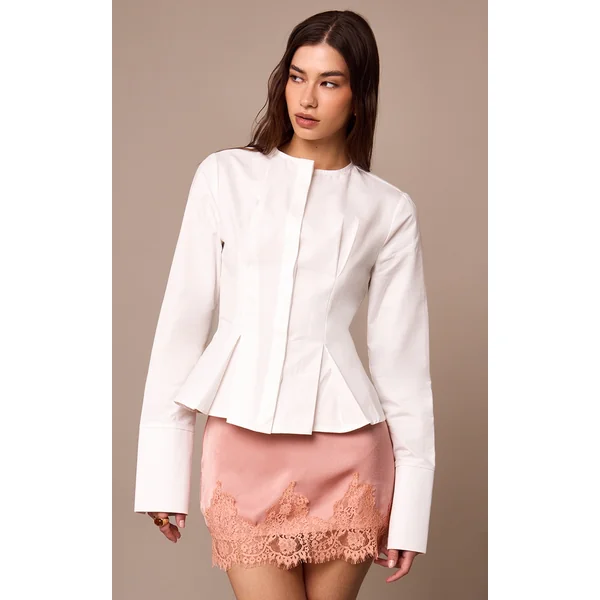 White Cotton Pleat Detail Long Sleeve Shirt