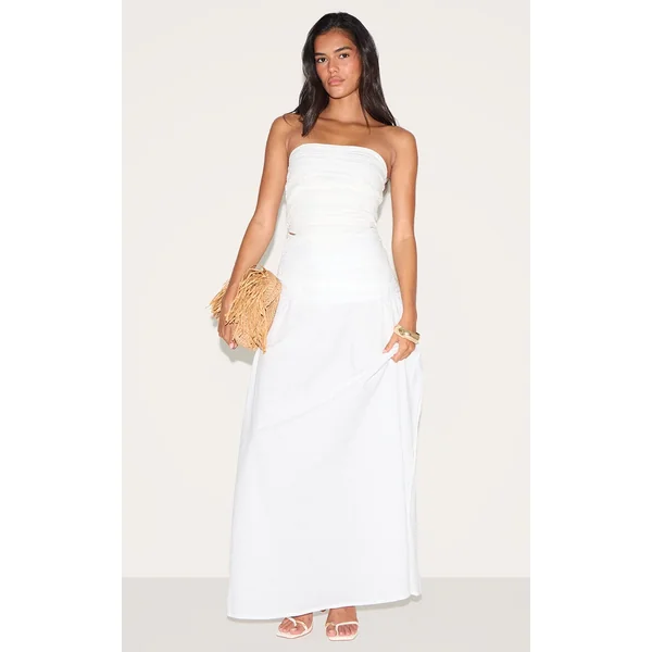 White Cotton Poplin A Line Low Rise Maxi Skirt