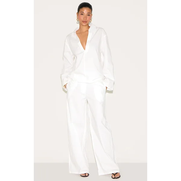 White Cotton Poplin Mid Rise Wide Leg Pants