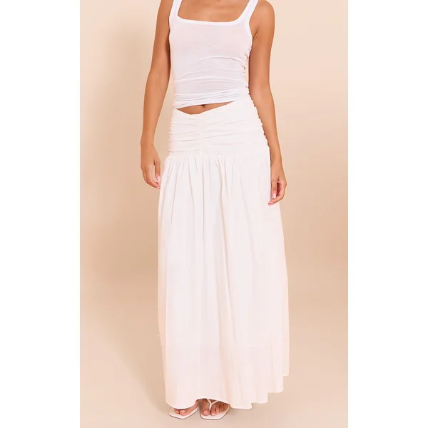 White Cotton Poplin Ruched Dropped Waist Maxi Skirt