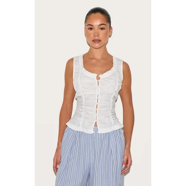 White Cotton Ruched Front Fitted Top