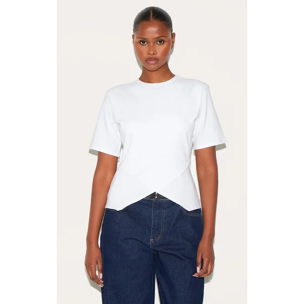 White Cotton Ruched Side Detail T Shirt