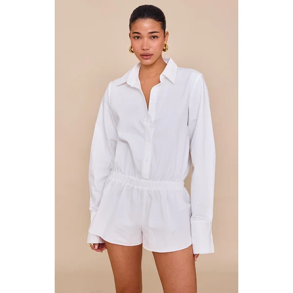 White Cotton Ruched Tiered Skort Shirt Romper
