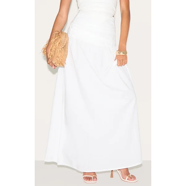 White Cotton Ruched Waist Maxi Skirt