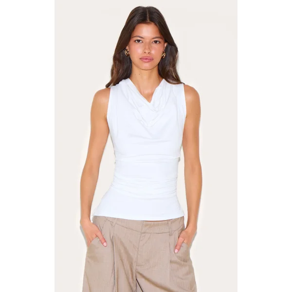 White Cotton Ruched Waist Sleeveless Top
