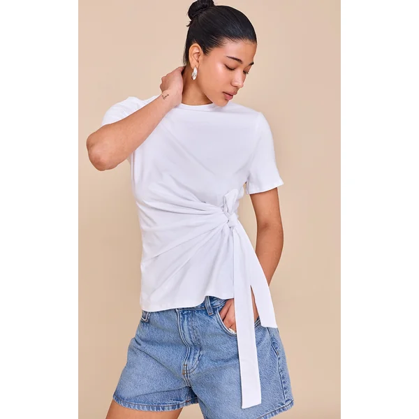 White Cotton Tie Detail Oversized T Shirt
