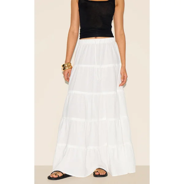 White Cotton Tiered Drawstring Waist Maxi Skirt