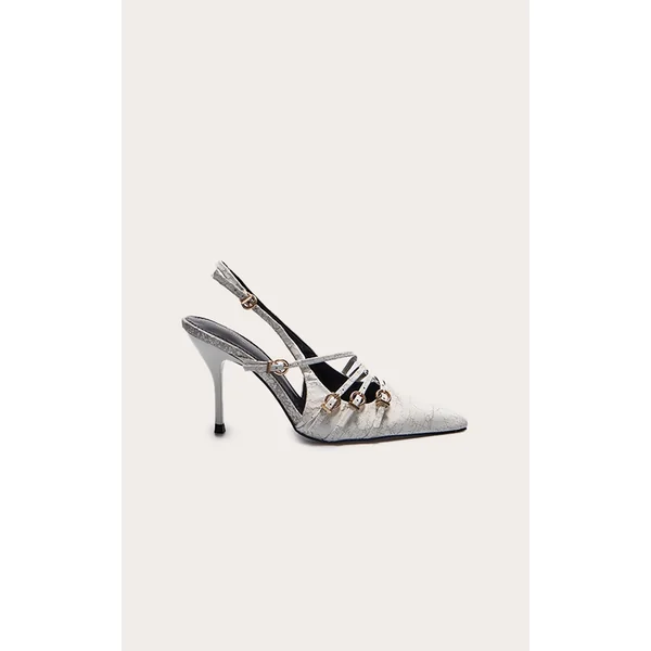 White Cracked Pu Point Toe Multi Buckle Low Heeled Court Shoes