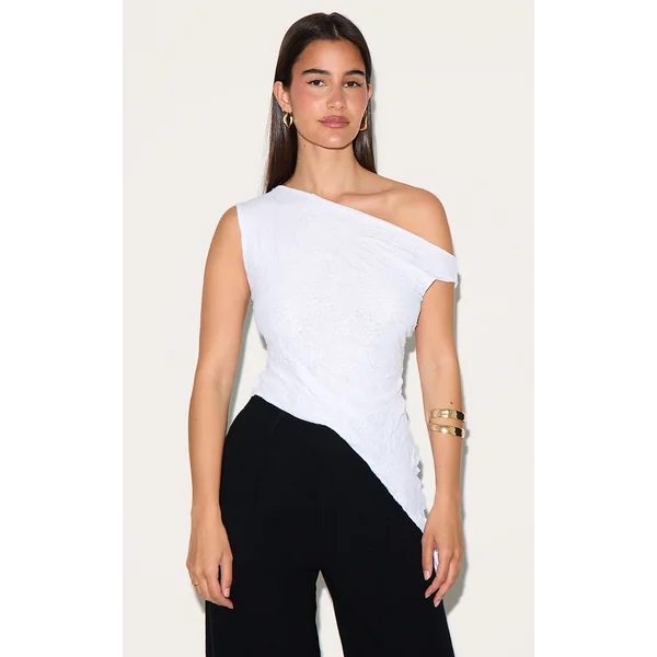 White Crinkle Mesh Asymmetric Neck Top