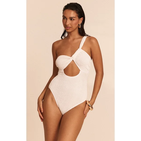 White Crinkle One Shoulder Cut Out Swimsuit