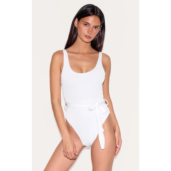 White Crinkle Tie Waist Detail Swimsuit