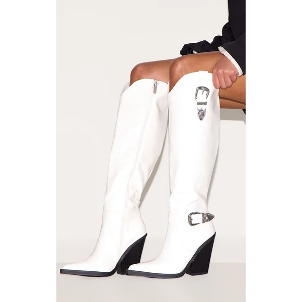 White Croc PU Point Toe High Block Heel Knee High Western Boots