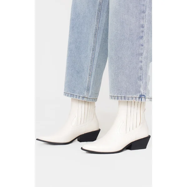 White Croc PU Point Toe Low Block Heel Western Ankle Boots