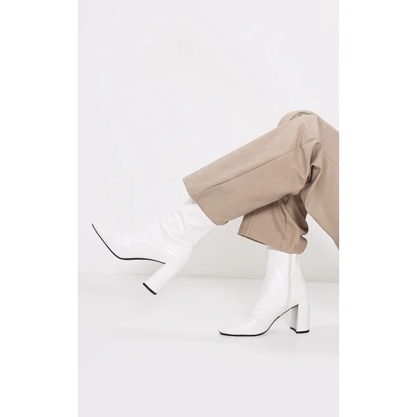 White Croc Pu Round Toe Heeled Ankle Sock Boots
