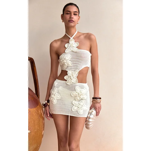 White Crochet Applique Flower Cut Out Mini Dress