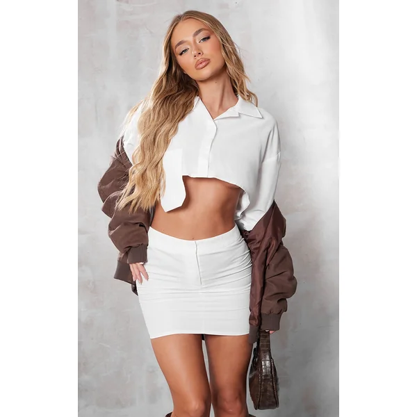 White Cut Out Pocket Long Sleeve Shirt Dress