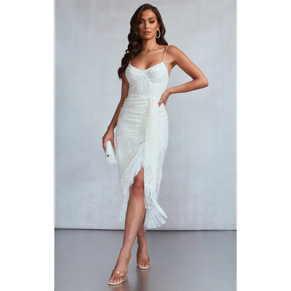 White Devore Tassel Detail Underwired Draped Midi Dress