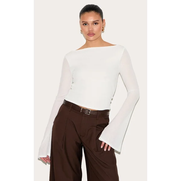 White Double Layer Burn Out Mesh Flared Sleeve Top