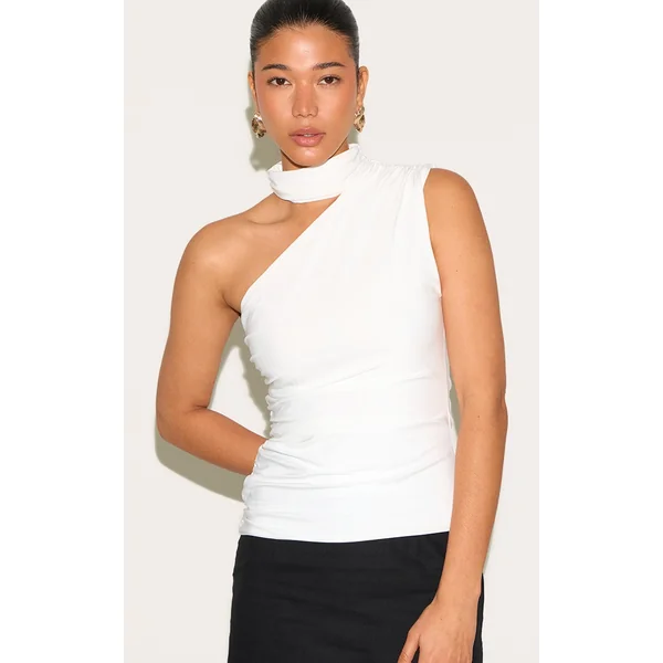 White Double Layer Neck Detail Ruched Detail Long Top